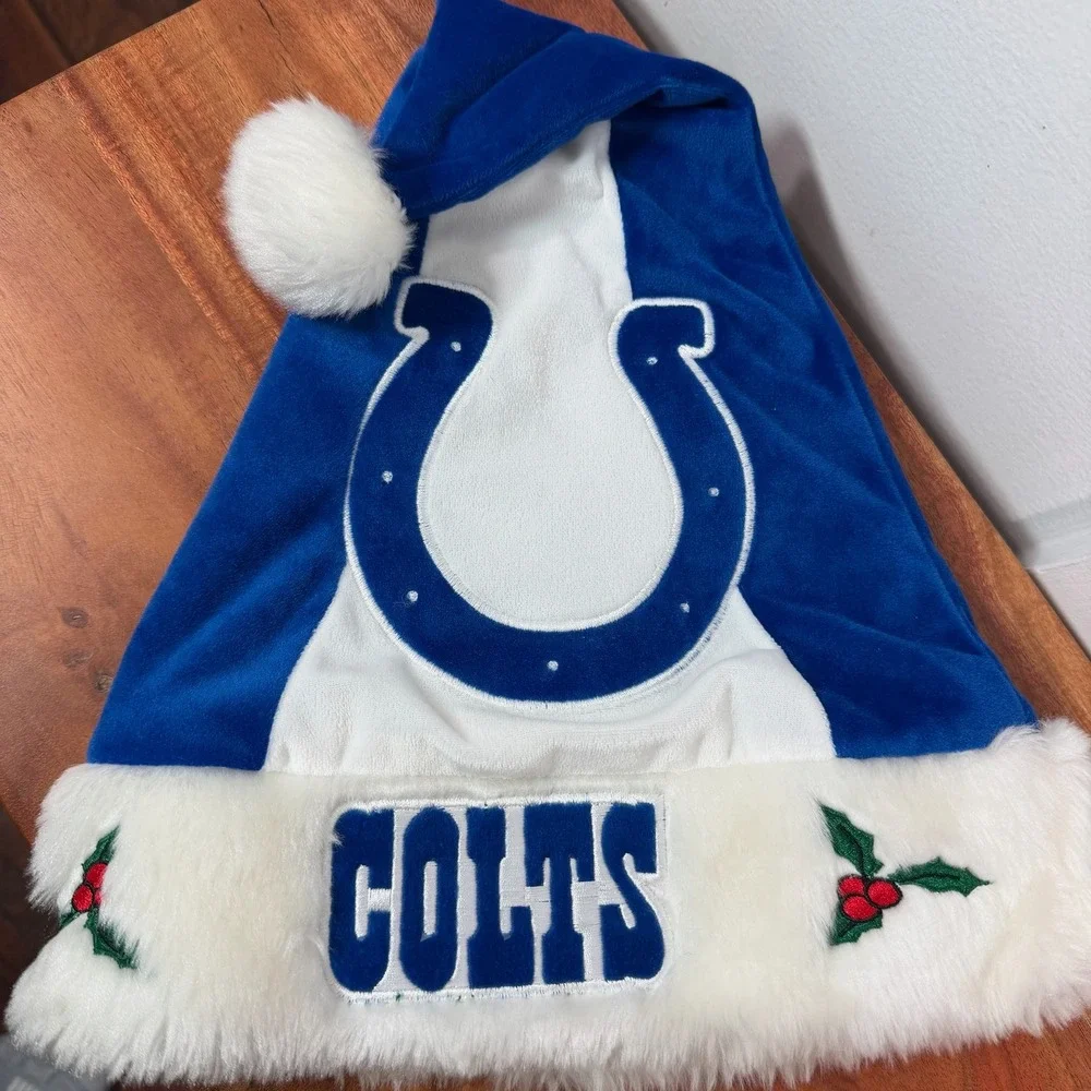 Indianapolis Colts Christmas Santa Hat Blue White Horseshoe Logo Holly